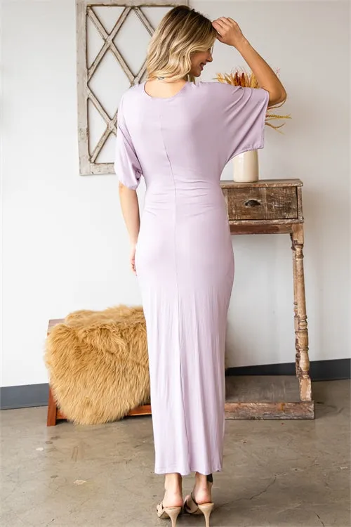 AD4955-ORCHID LIGHT DEEP V-NECKLINE WITH FRONT KNOT TWIST & SLIT RUFFLE SLEEVE LONG DRESS-2-2-1