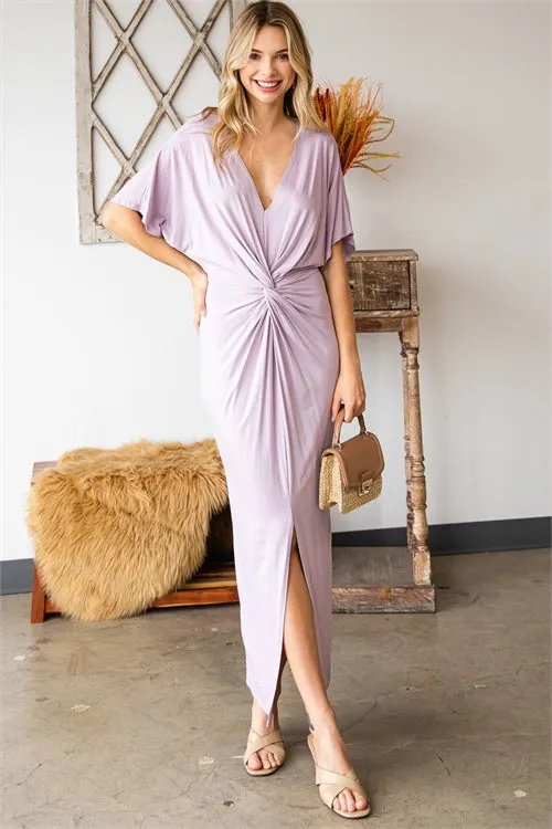 AD4955-ORCHID LIGHT DEEP V-NECKLINE WITH FRONT KNOT TWIST & SLIT RUFFLE SLEEVE LONG DRESS-2-2-1