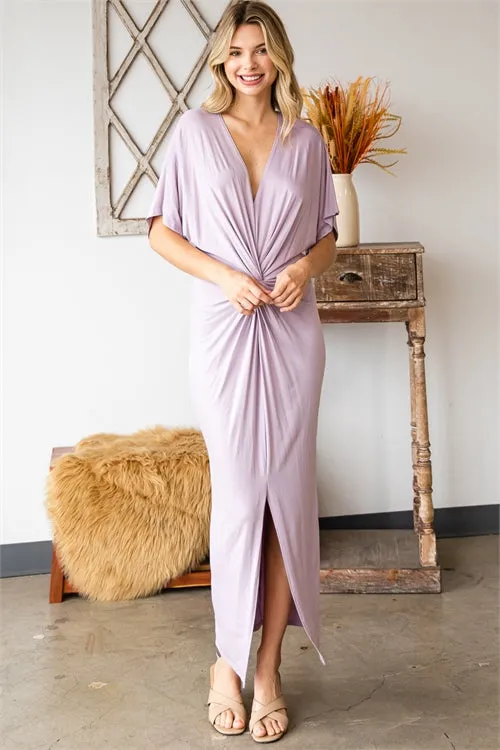 AD4955-ORCHID LIGHT DEEP V-NECKLINE WITH FRONT KNOT TWIST & SLIT RUFFLE SLEEVE LONG DRESS-2-2-1