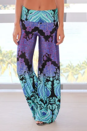 Aqua and Purple Printed Palazzo Pants