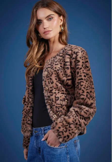 B Y Leopard Faux Fur Jacket