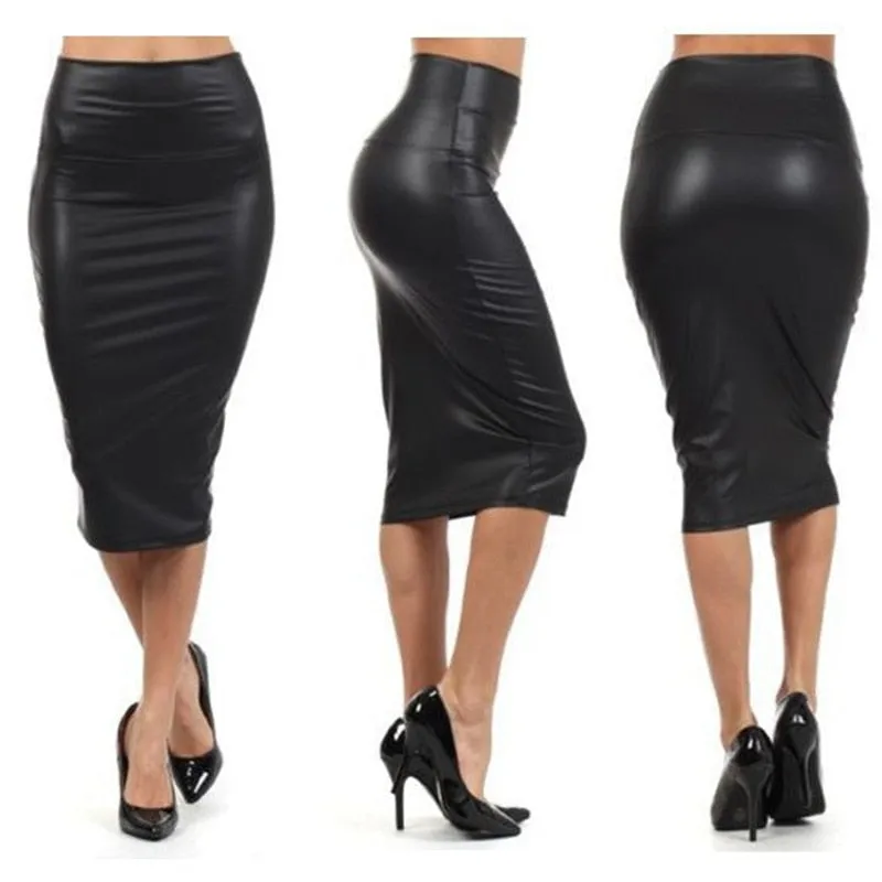 Back Split Women Skirt Black Bodycon Skirt High Waist PU Leather Skirt