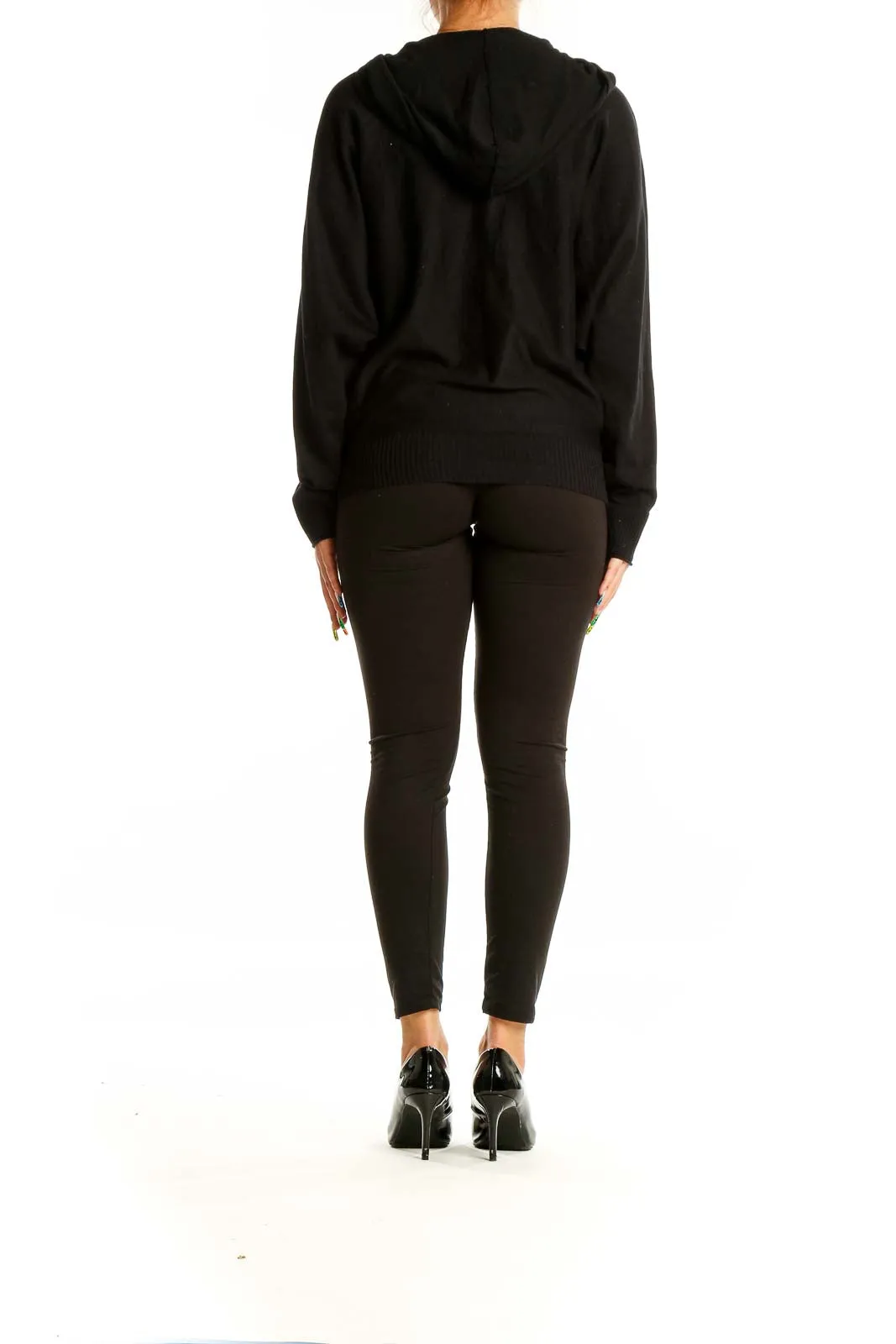 Black Hooded Nylon Rayon Blend Top