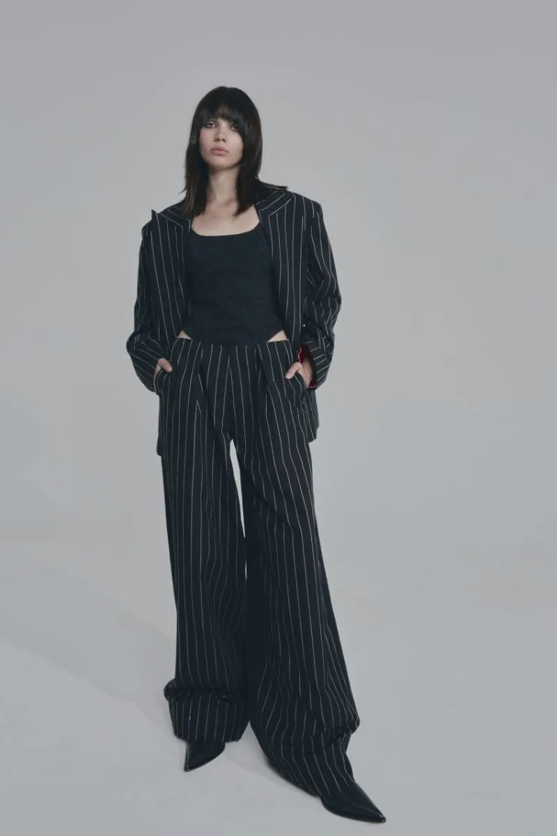 BLACK PALAZZO PINSTRIPE PANTS