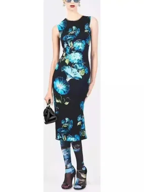 Bluebell Floral Print Silk Fitted Midi Dress