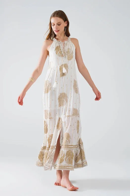 Boho Maxi Chiffon Dress with Gold Flower Print