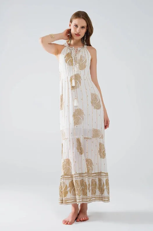 Boho Maxi Chiffon Dress with Gold Flower Print