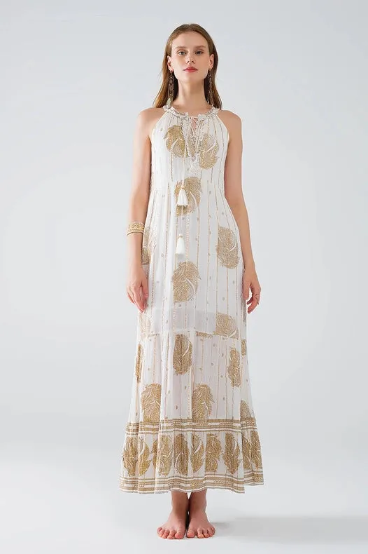 Boho Maxi Chiffon Dress with Gold Flower Print