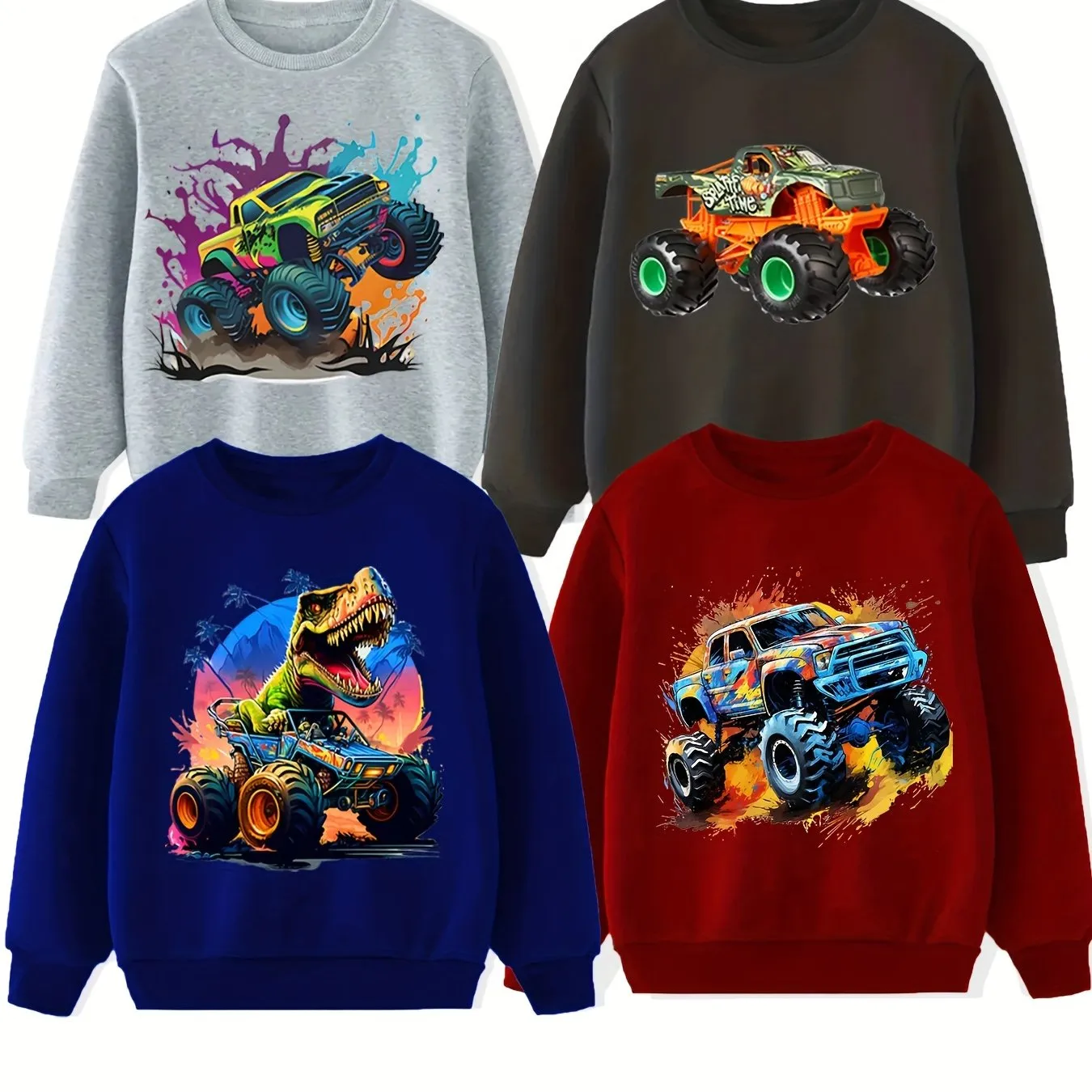 Boys’ 4-Pack Off-Road Truck Sweatshirts – Cool & Lightweight for Spring and Fall”