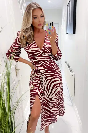 Burgundy Animal Print V Neck Midi Dress With Split