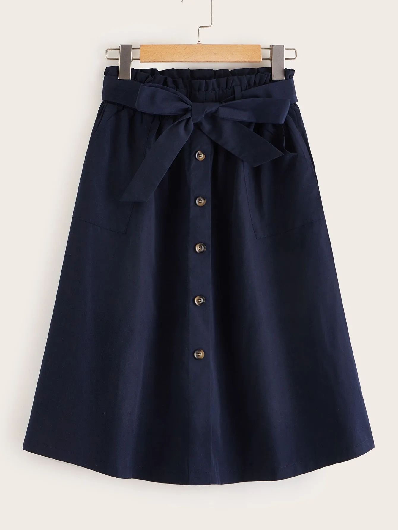 Casual Plain Paper Bag Waist High Waist Midi Women Skirt