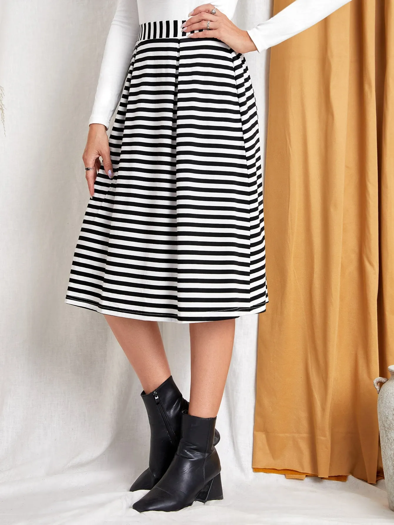 Casual Striped High Waist Midi Women Skirt