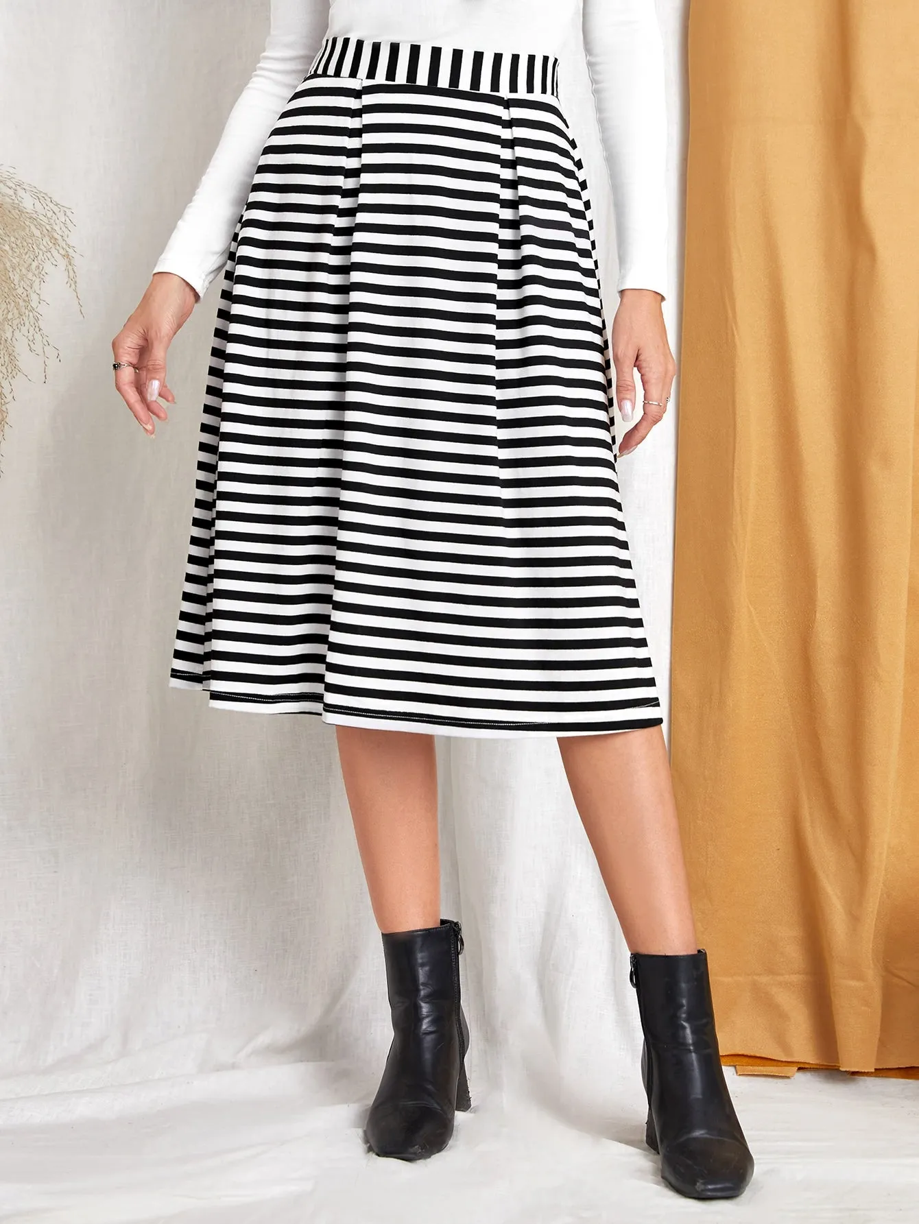 Casual Striped High Waist Midi Women Skirt