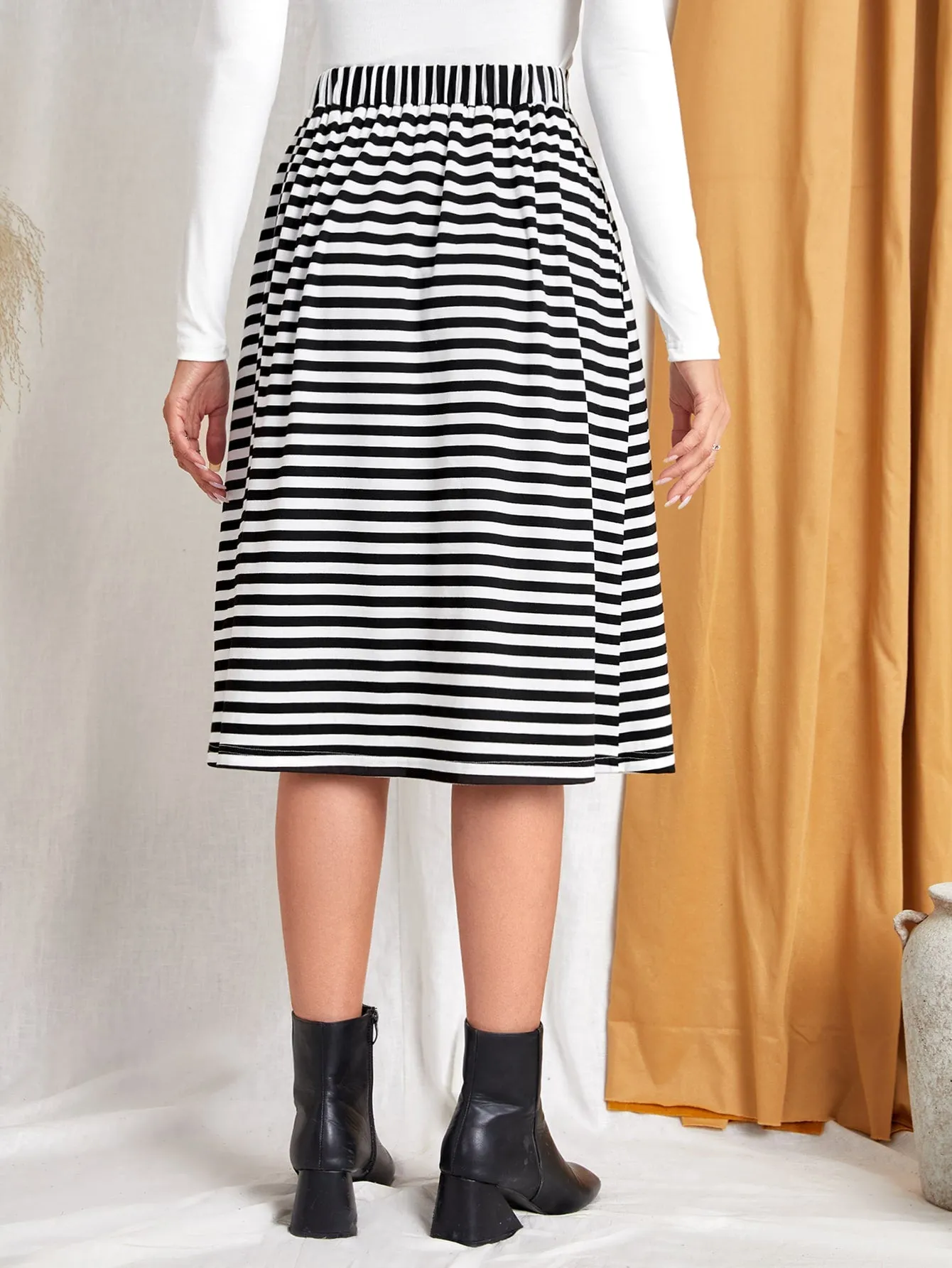 Casual Striped High Waist Midi Women Skirt