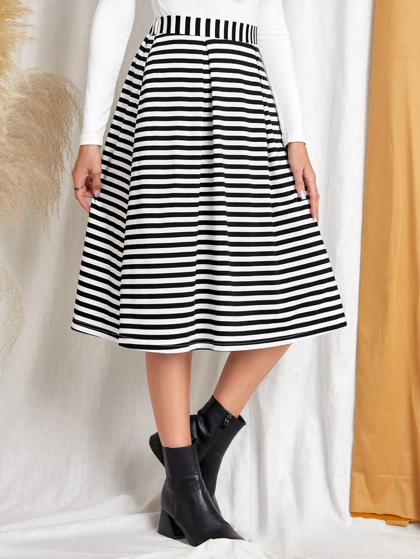 Casual Striped High Waist Midi Women Skirt