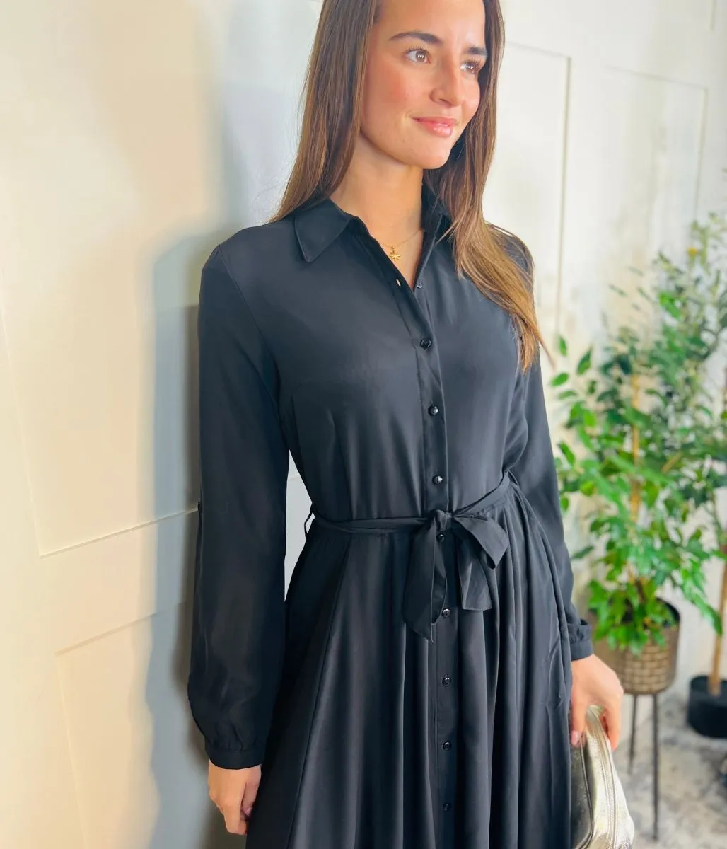 Chrissie Black Belted Midaxi Shirt Dress