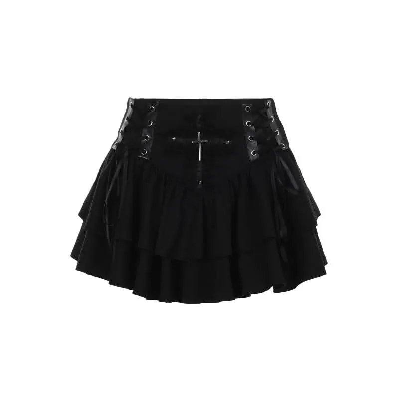 Cross applique lace up ruffle mini skirt