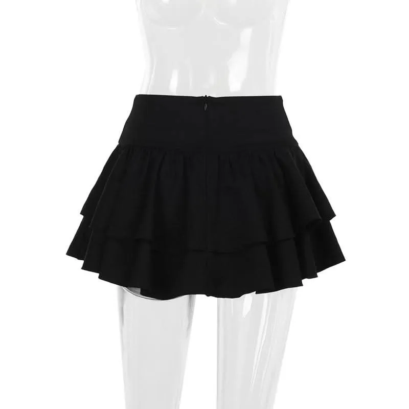 Cross applique lace up ruffle mini skirt