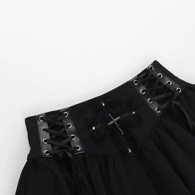 Cross applique lace up ruffle mini skirt