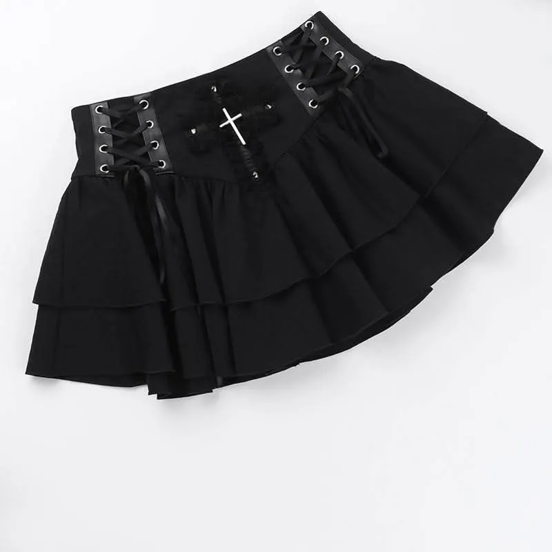 Cross applique lace up ruffle mini skirt