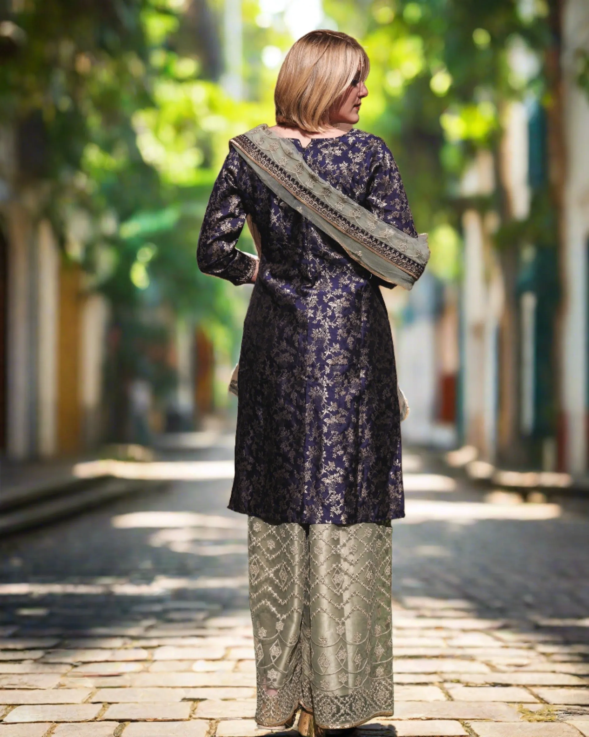 Fancy Banarasi Silk Embroidered Midnight Blue With Palazzo Pants Suit