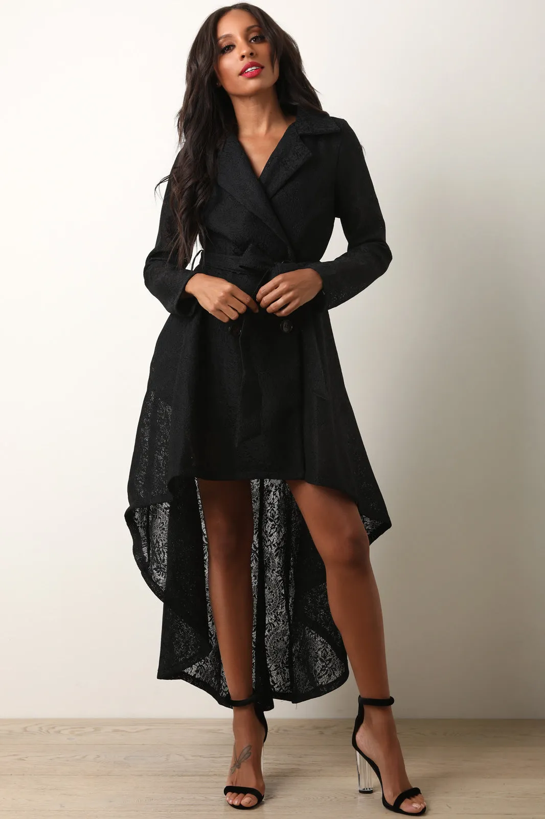 Floral Honeycomb Lace Mesh High Low Coat