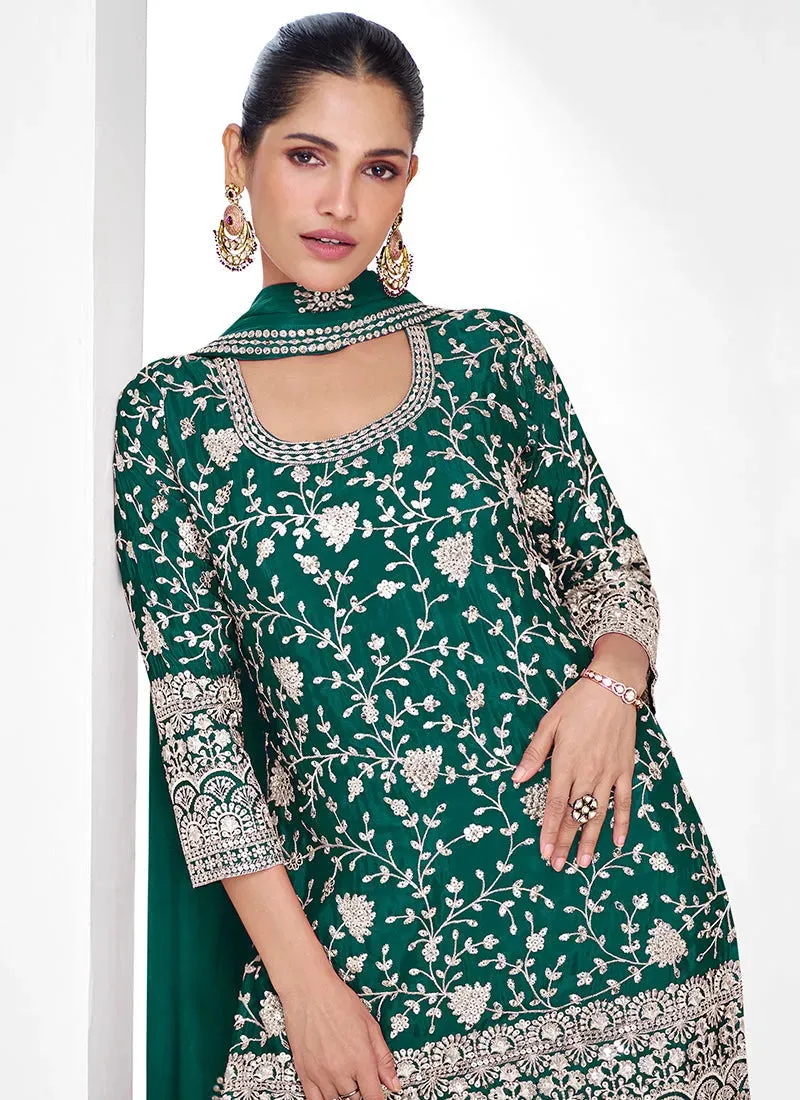 Gorgeous Green Traditional Embroidered Palazzo Suit