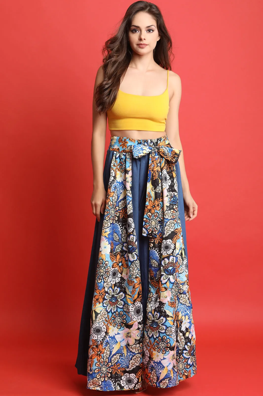 High Rise Denim Floral Panel Parachute Palazzo Pants