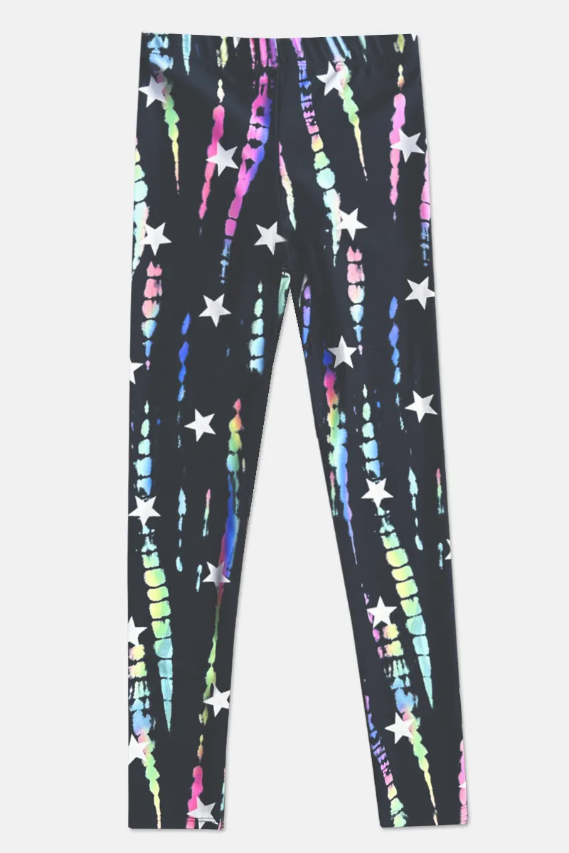 High Shine Long Legging - Black Rainbow Batik Stars