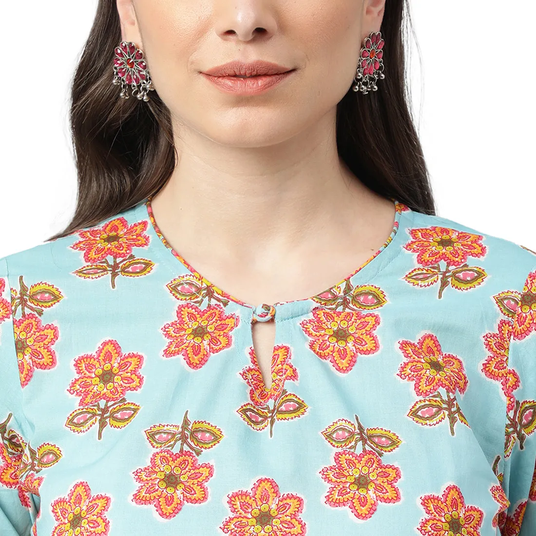 Idalia Turquoise Printed Cotton Kurta With Multicolor Printed Palazzo Pants