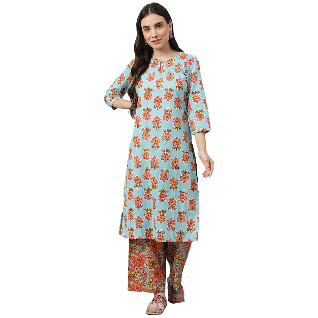 Idalia Turquoise Printed Cotton Kurta With Multicolor Printed Palazzo Pants