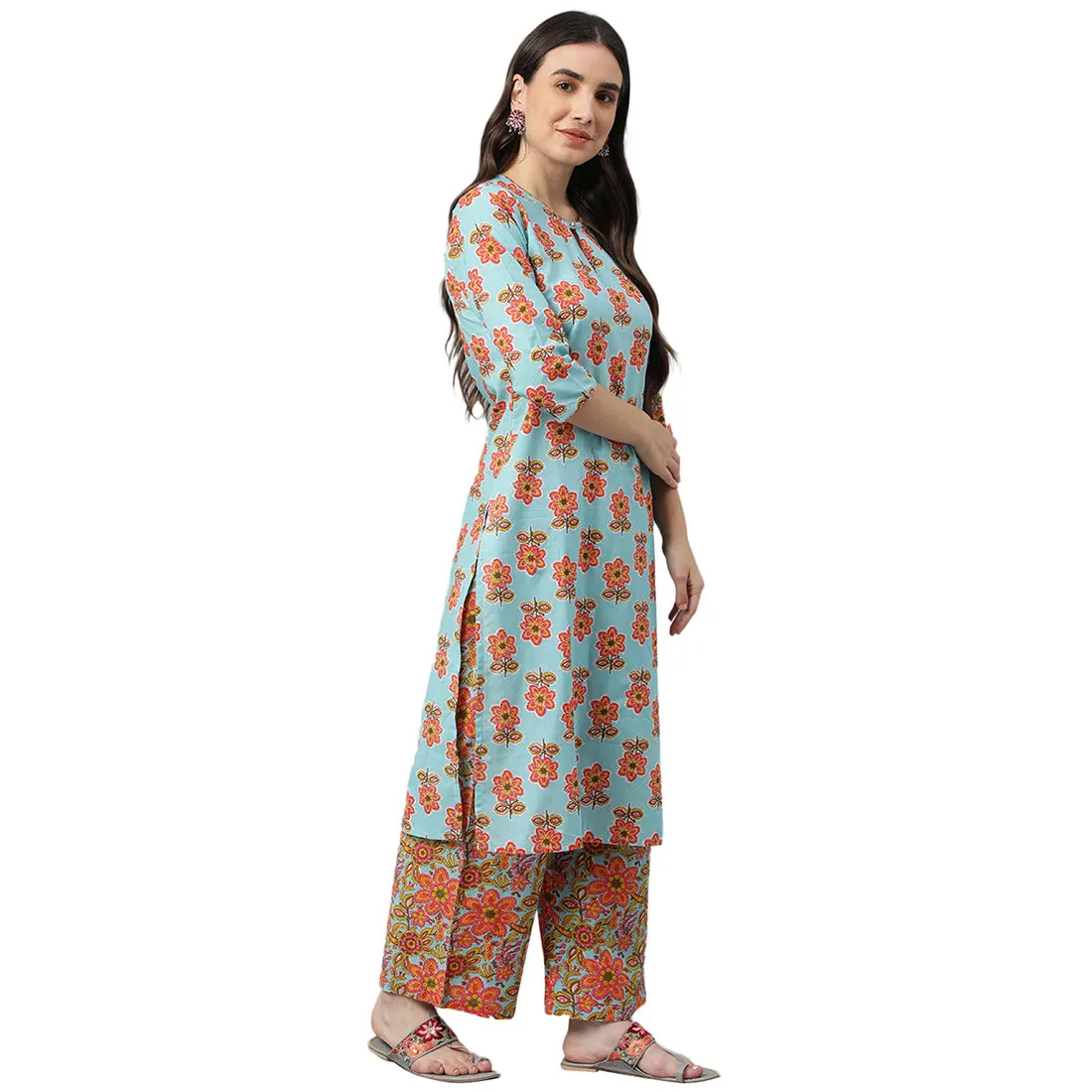 Idalia Turquoise Printed Cotton Kurta With Multicolor Printed Palazzo Pants