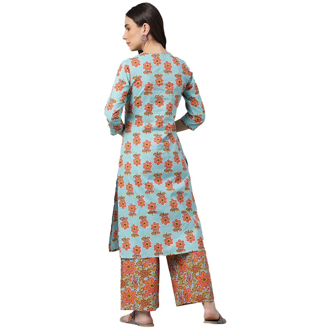 Idalia Turquoise Printed Cotton Kurta With Multicolor Printed Palazzo Pants