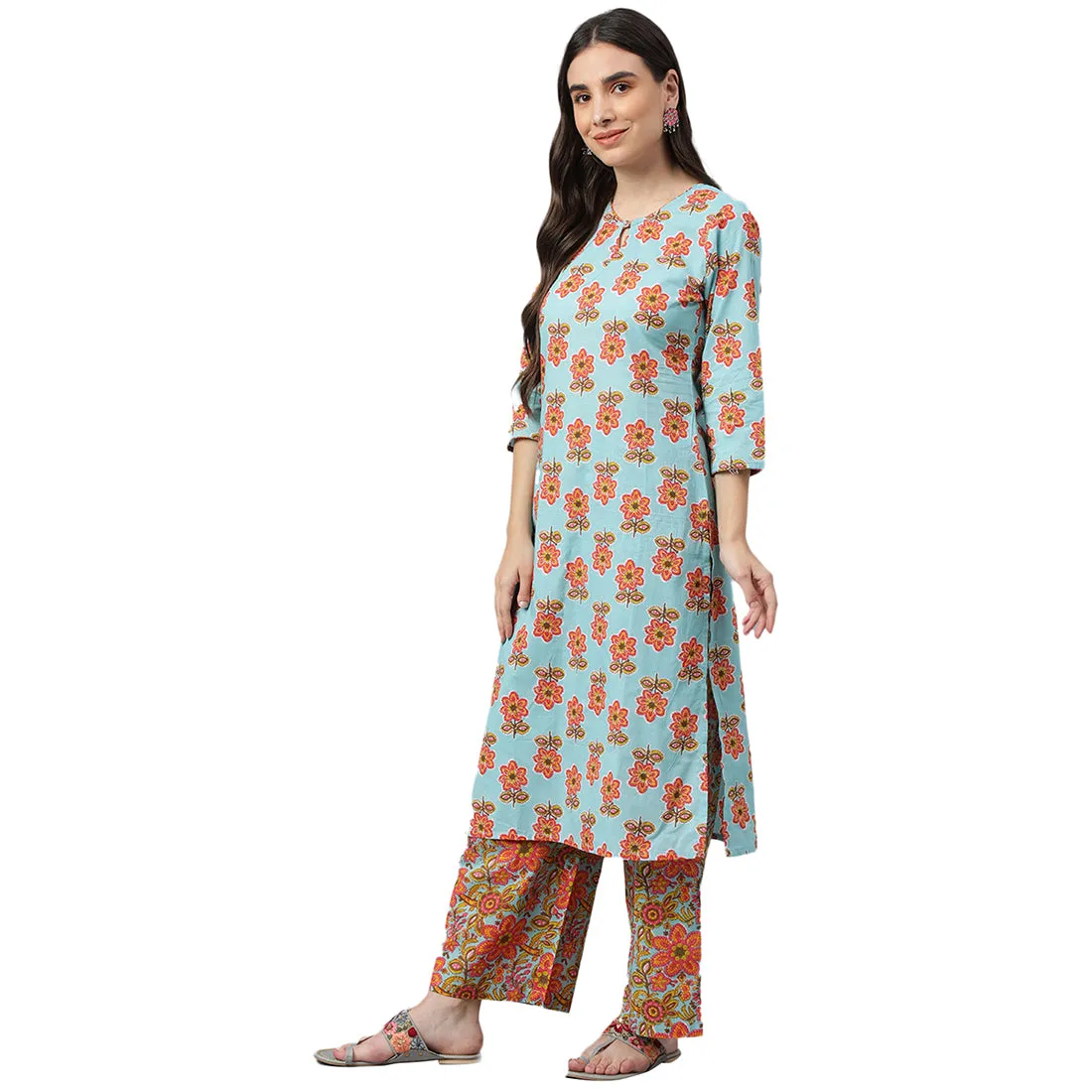 Idalia Turquoise Printed Cotton Kurta With Multicolor Printed Palazzo Pants