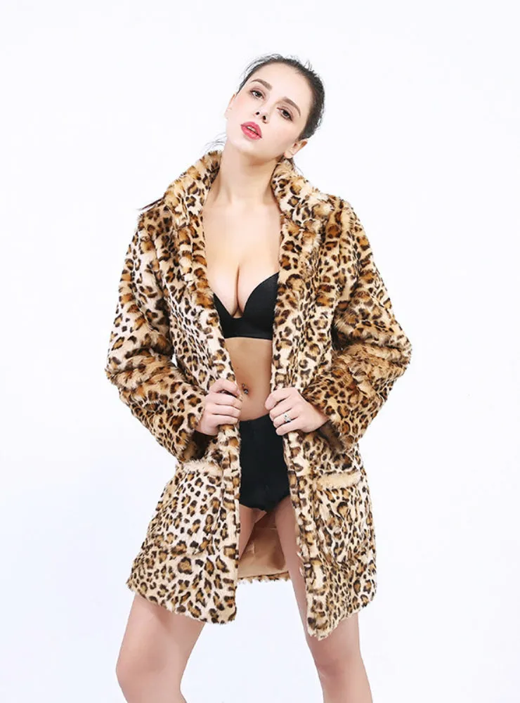 Long Sleeve Lapel Ladies Coat Leopard Print Coat