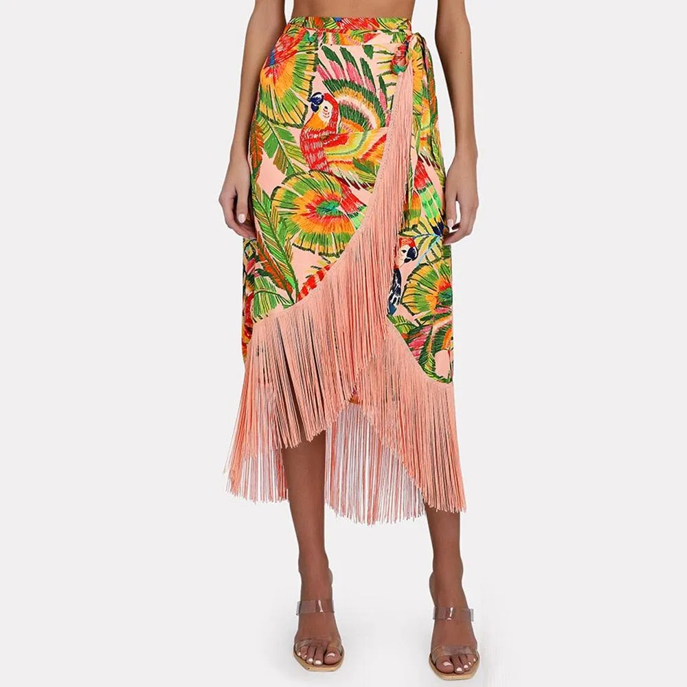 Macaw Leaves Fringe Wraparound Skirt