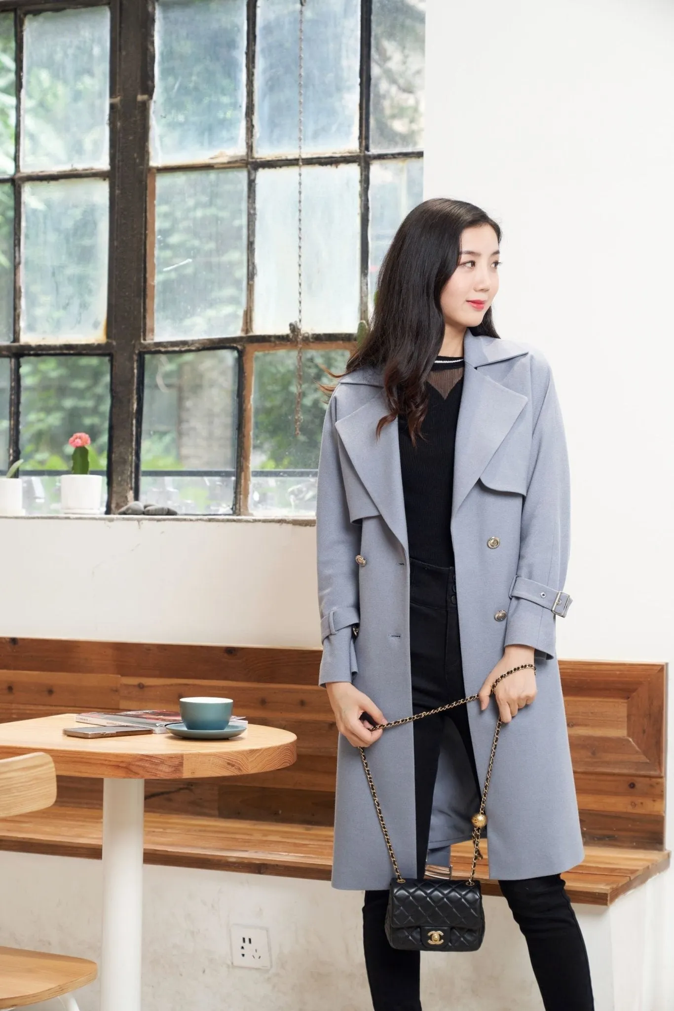 Mist Blue Trench Coats with Metal Buttons