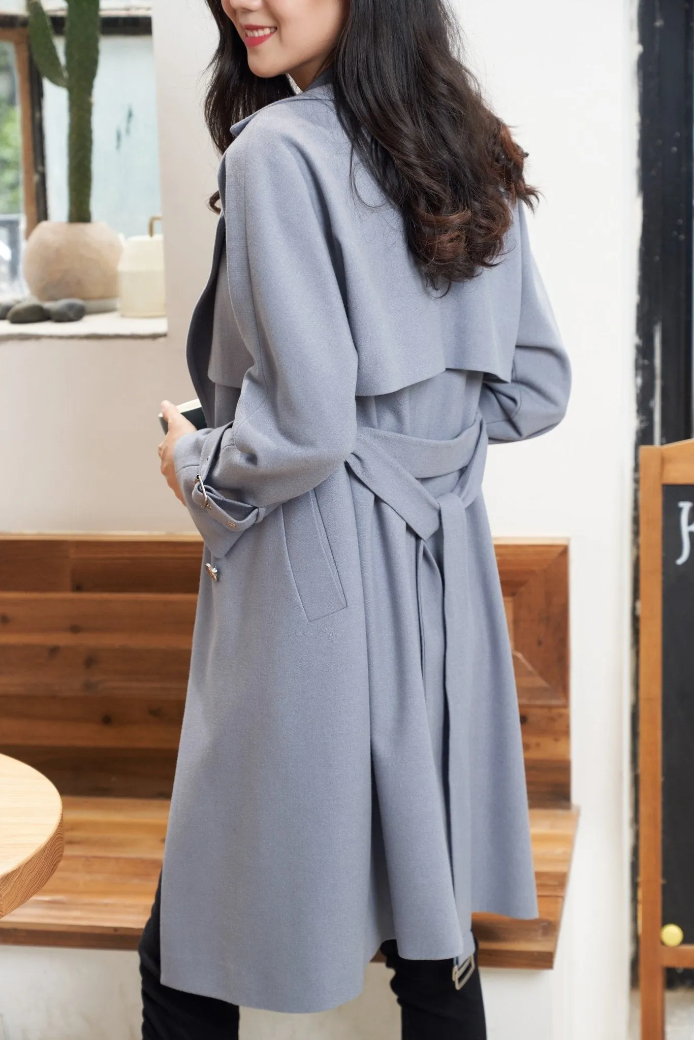 Mist Blue Trench Coats with Metal Buttons