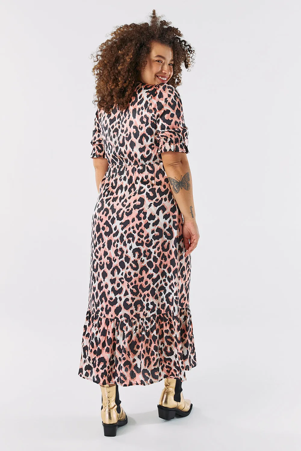 Mixed Neutral with Black Shadow Leopard Flute Sleeve Midi Dress