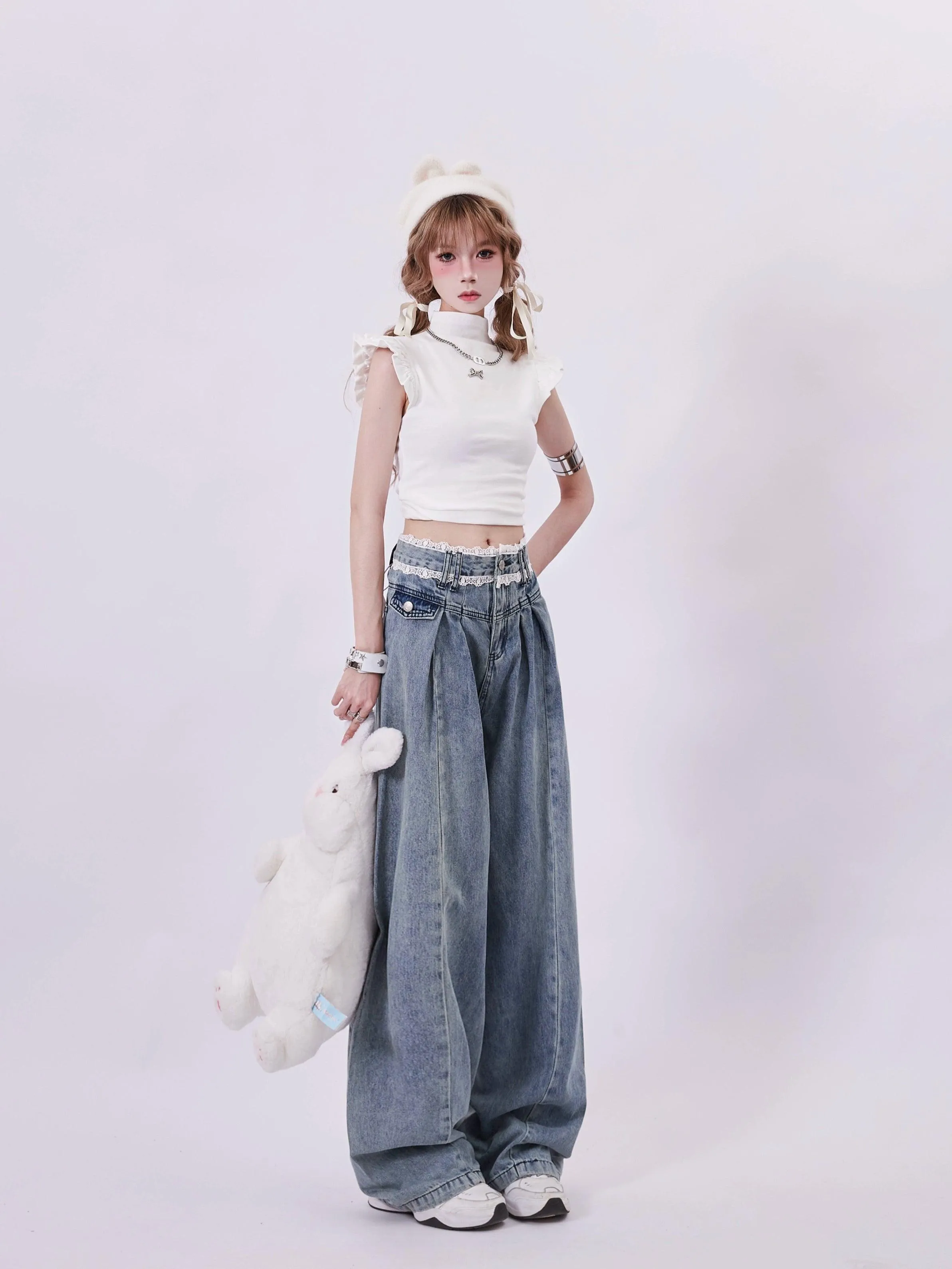 Rayohopp High-Waisted Wide Leg Denim Jeans - Vintage Wash Pleated Palazzo Pants With Relaxed Fit