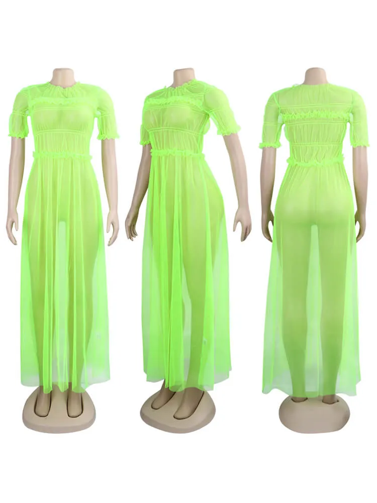 Ruffle Mesh Short Sleeve Maxi Dresses