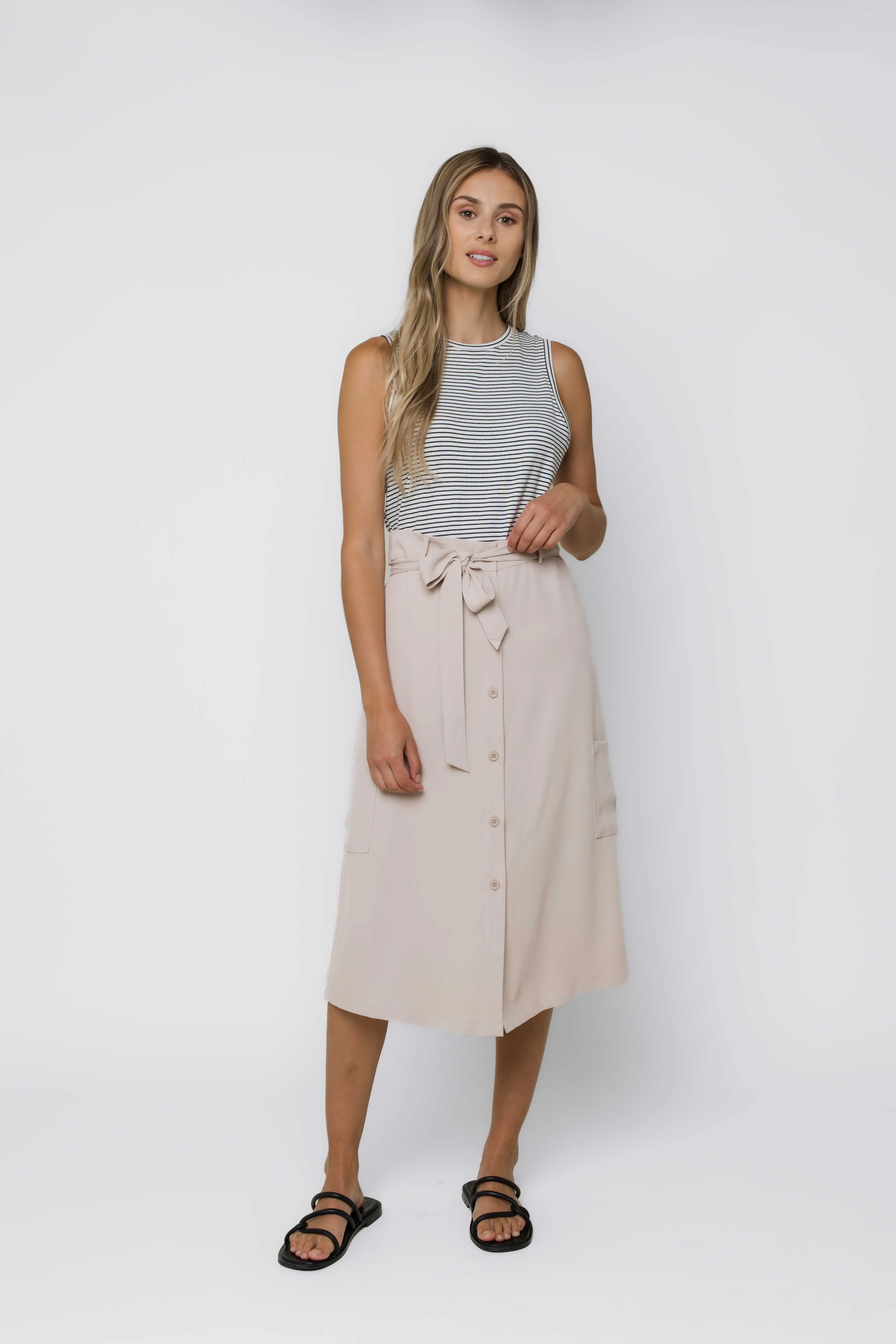 Sally-Button Front Midi Skirt