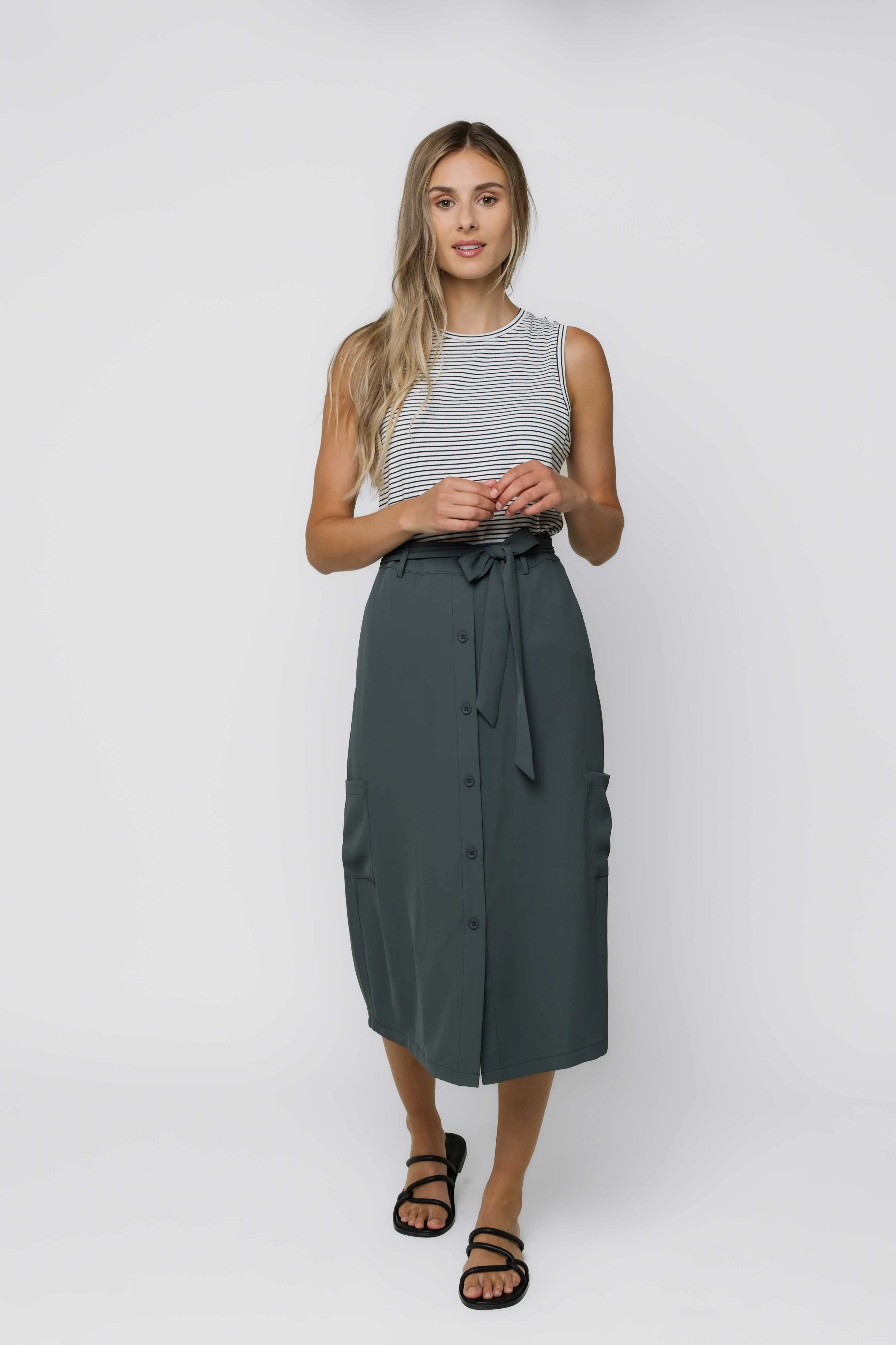 Sally-Button Front Midi Skirt