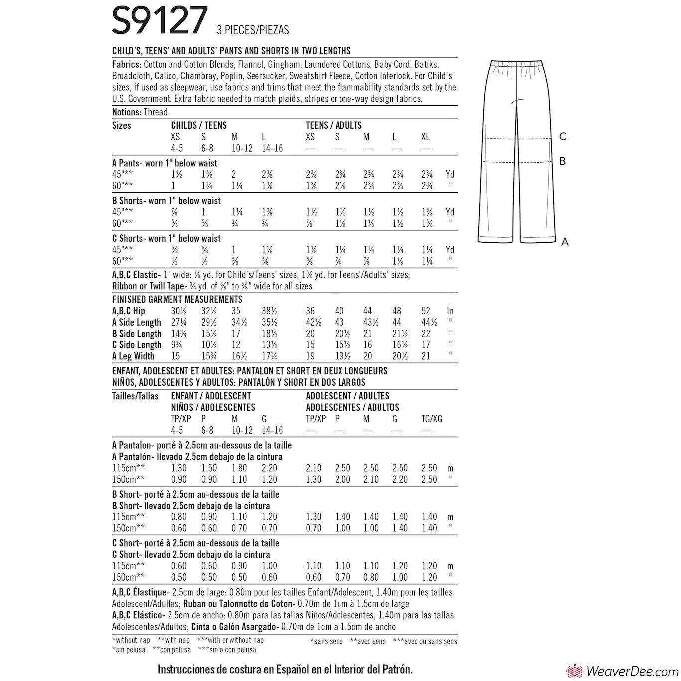 Simplicity Pattern S9127 Unisex Pyjama Bottoms & Shorts (Adult, Teen & Child)