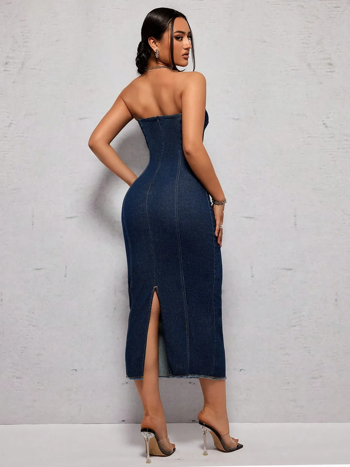 Slim Fit Strapless Denim Dress With Back Slit