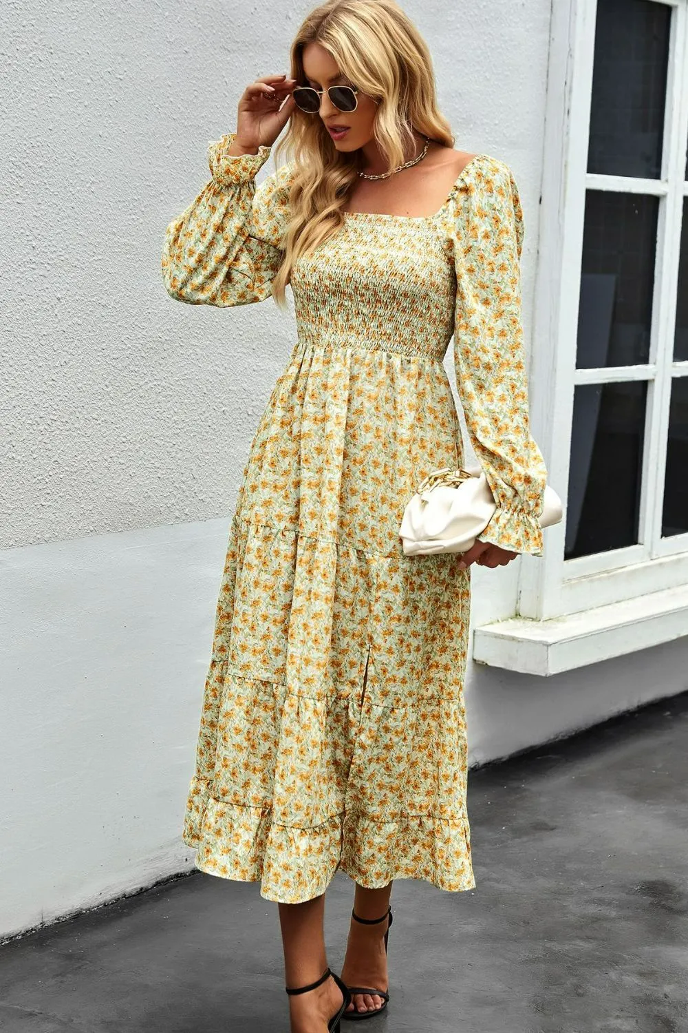 Square Neck Boho Smocked Midi Dress