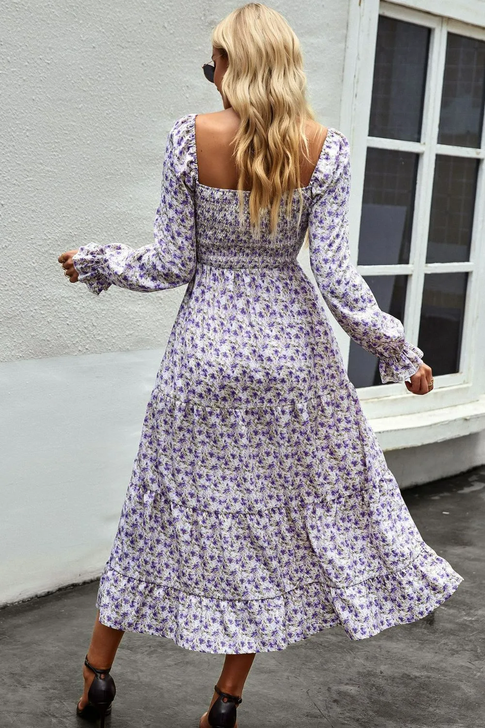 Square Neck Boho Smocked Midi Dress