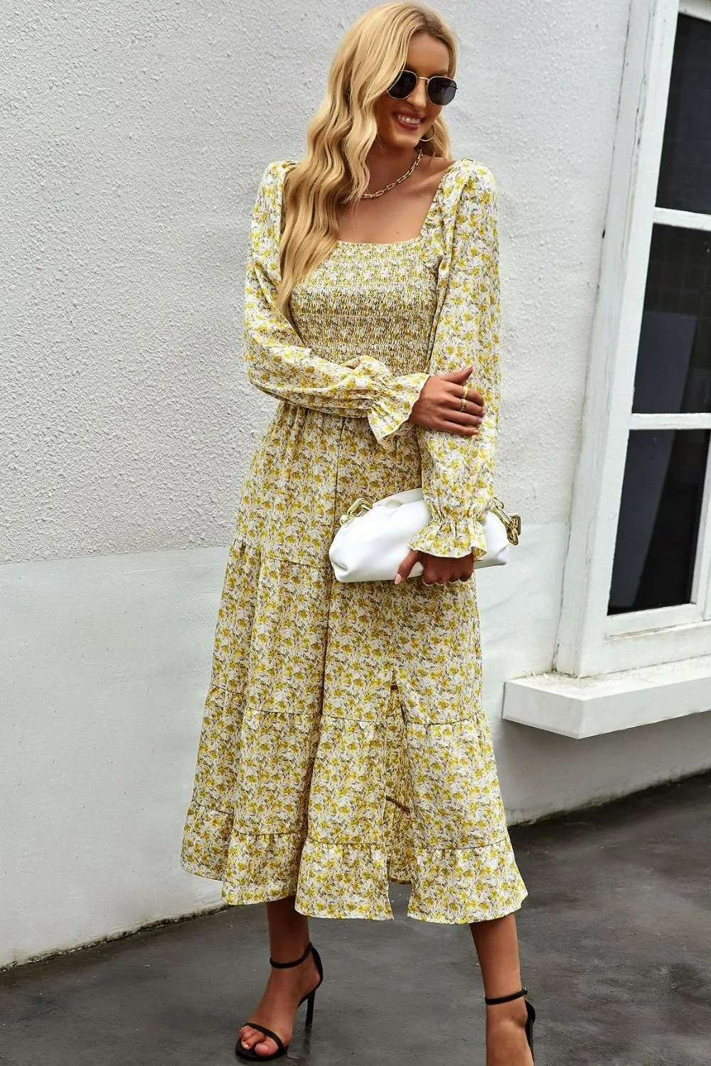 Square Neck Boho Smocked Midi Dress