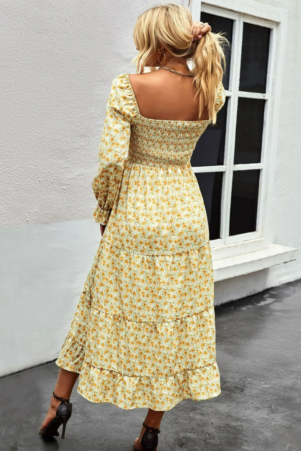 Square Neck Boho Smocked Midi Dress