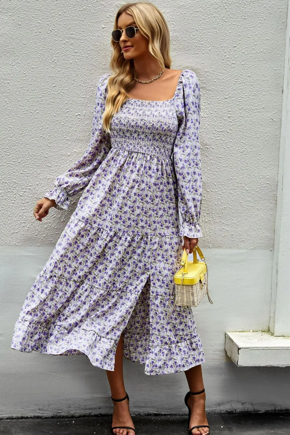 Square Neck Boho Smocked Midi Dress